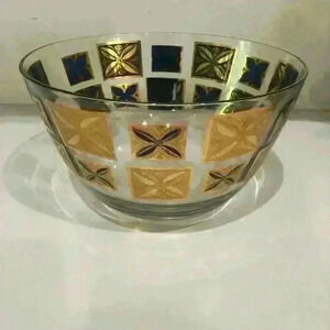 1960's Vintage CERA Fruit Salad Bowl Blue & Gold Flower Design Mid-Century